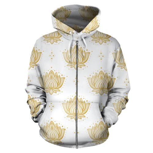 Gold Ornamental Lotue Waterlily Symbol Pattern Zip Up Hoodie