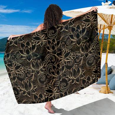 Luxurious Gold Lotus Waterlily Black Background Sarong