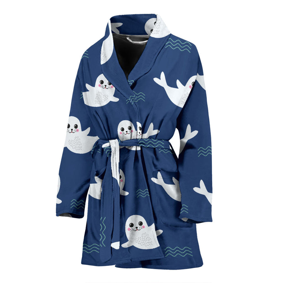 Cute White Baby Sea Lion Seal Pattern Women'S Bathrobe