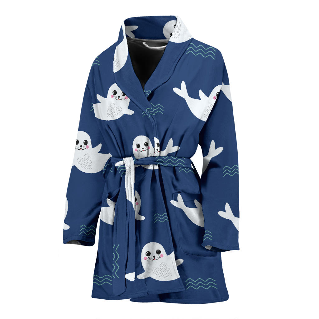Cute White Baby Sea Lion Seal Pattern Women'S Bathrobe