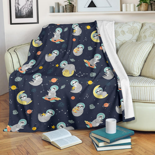Cute Sloth Astronaut Star Planet Rocket Pattern Premium Blanket