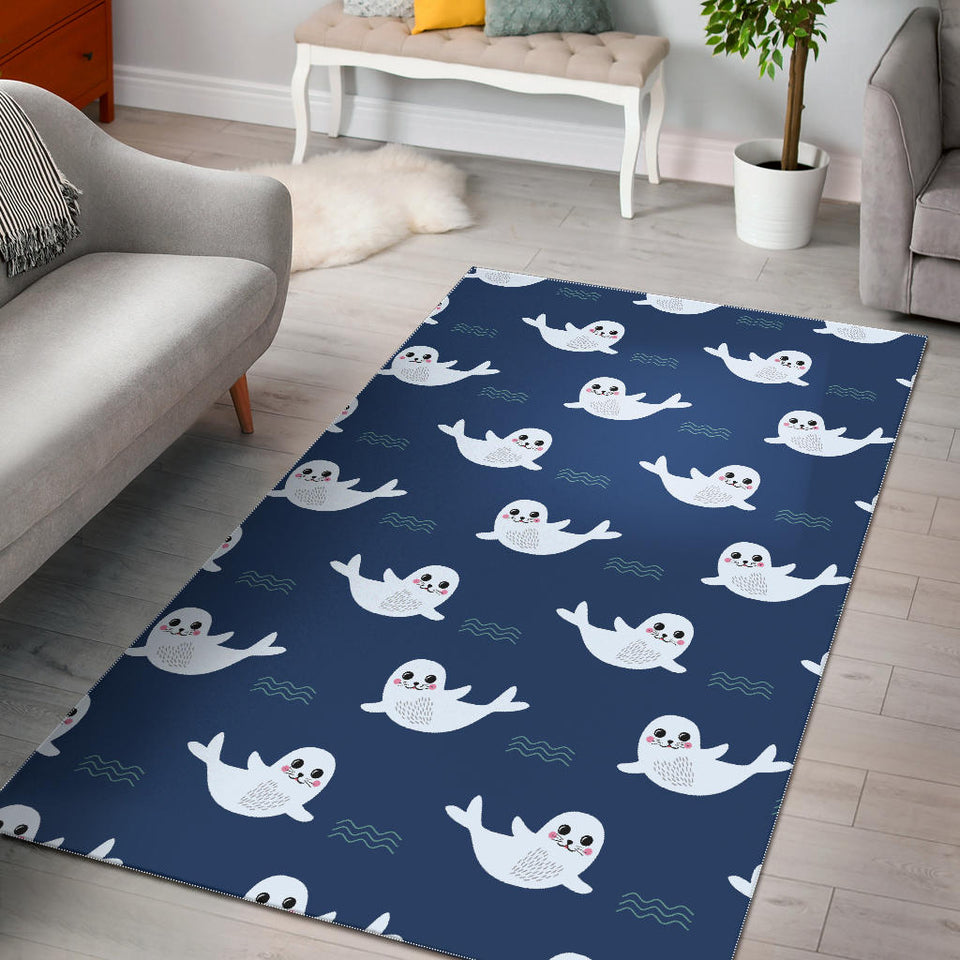 Cute White Baby Sea Lion Seal Pattern Area Rug
