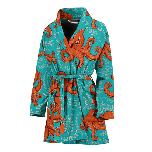Octopus Turquoise Background Women'S Bathrobe