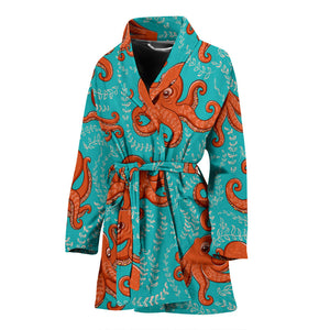 Octopus Turquoise Background Women'S Bathrobe