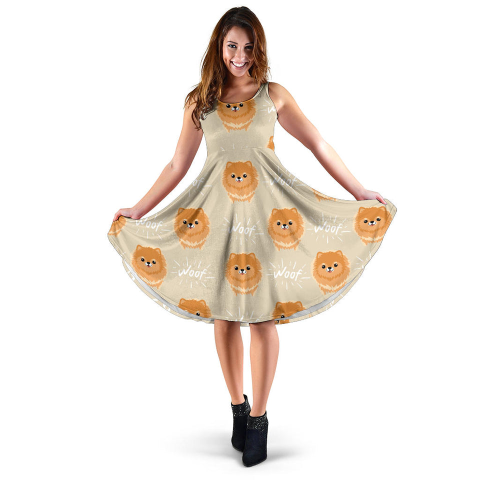 Cute Brown Pomeranian Puppy  Sleeveless Midi Dress