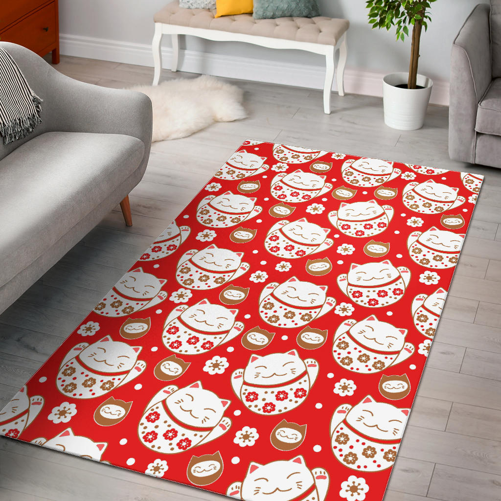 Cute Maneki Neko Lucky Cat Red Background Area Rug