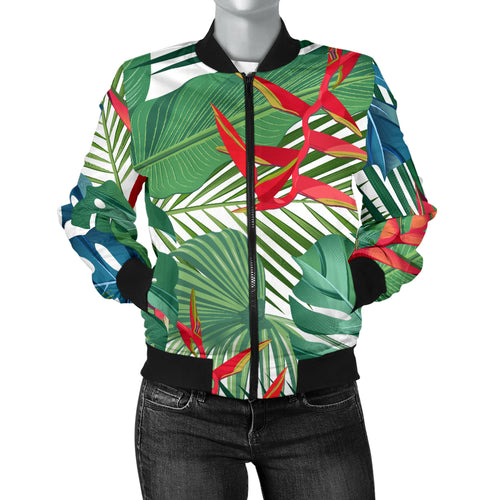 Heliconia Palm And Monstera  Leaves Pattern Women'S Bomber Jacket