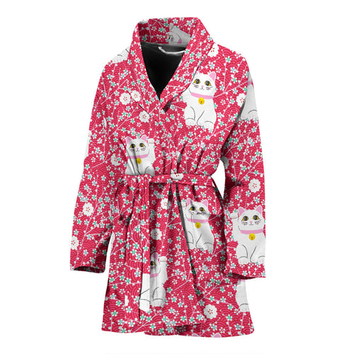 Maneki Neko Lucky Cat Sakura Pink Background Women'S Bathrobe