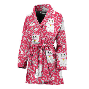 Maneki Neko Lucky Cat Sakura Pink Background Women'S Bathrobe