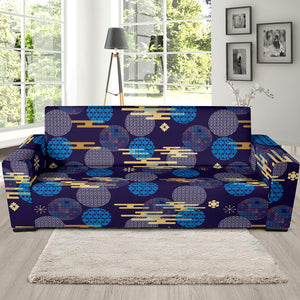 Blue Japanese Pattern Cloud Wave Flower Sofa Slipcover