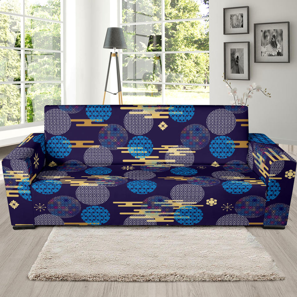 Blue Japanese Pattern Cloud Wave Flower Sofa Slipcover