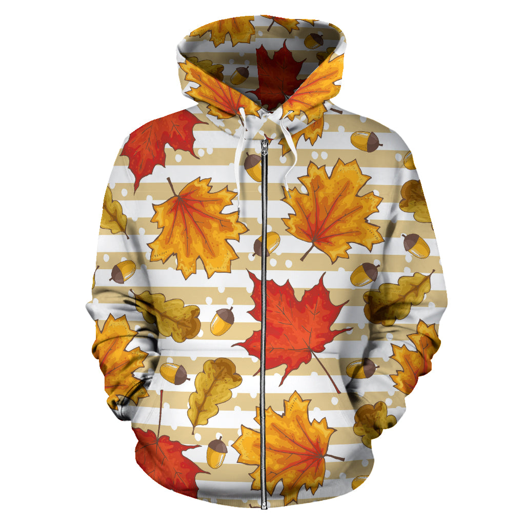 Maple Leaf Oak Leaf Acorns Beige Striped Background Zip Up Hoodie