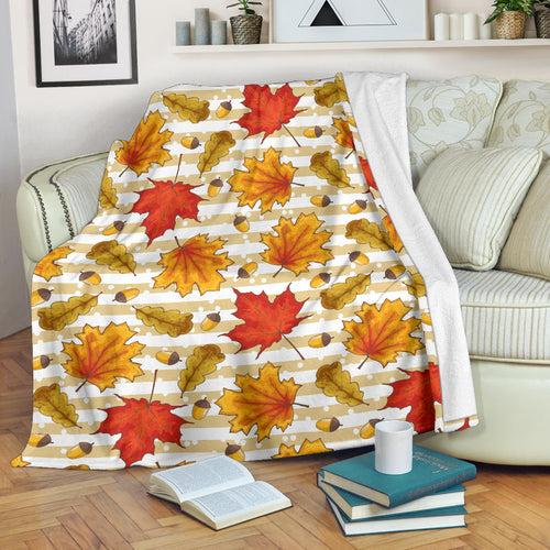 Maple Leaf Oak Leaf Acorns Beige Striped Background Premium Blanket