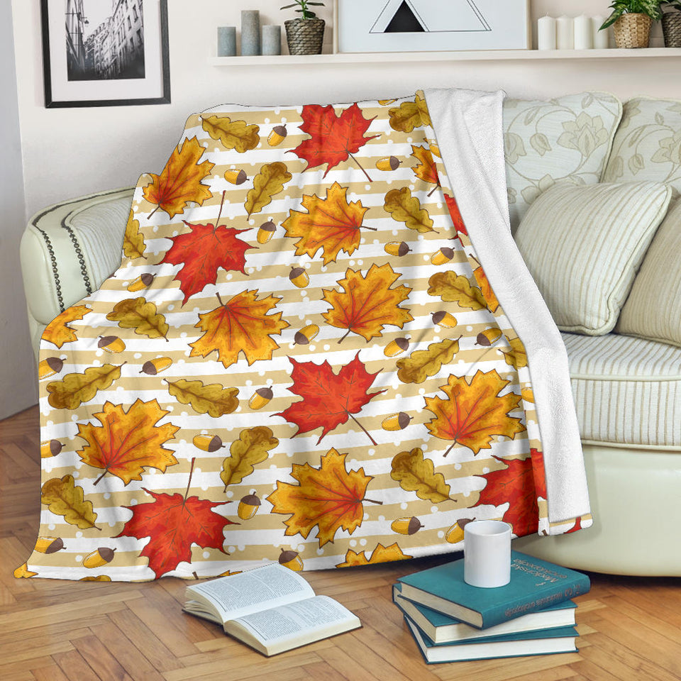 Maple Leaf Oak Leaf Acorns Beige Striped Background Premium Blanket
