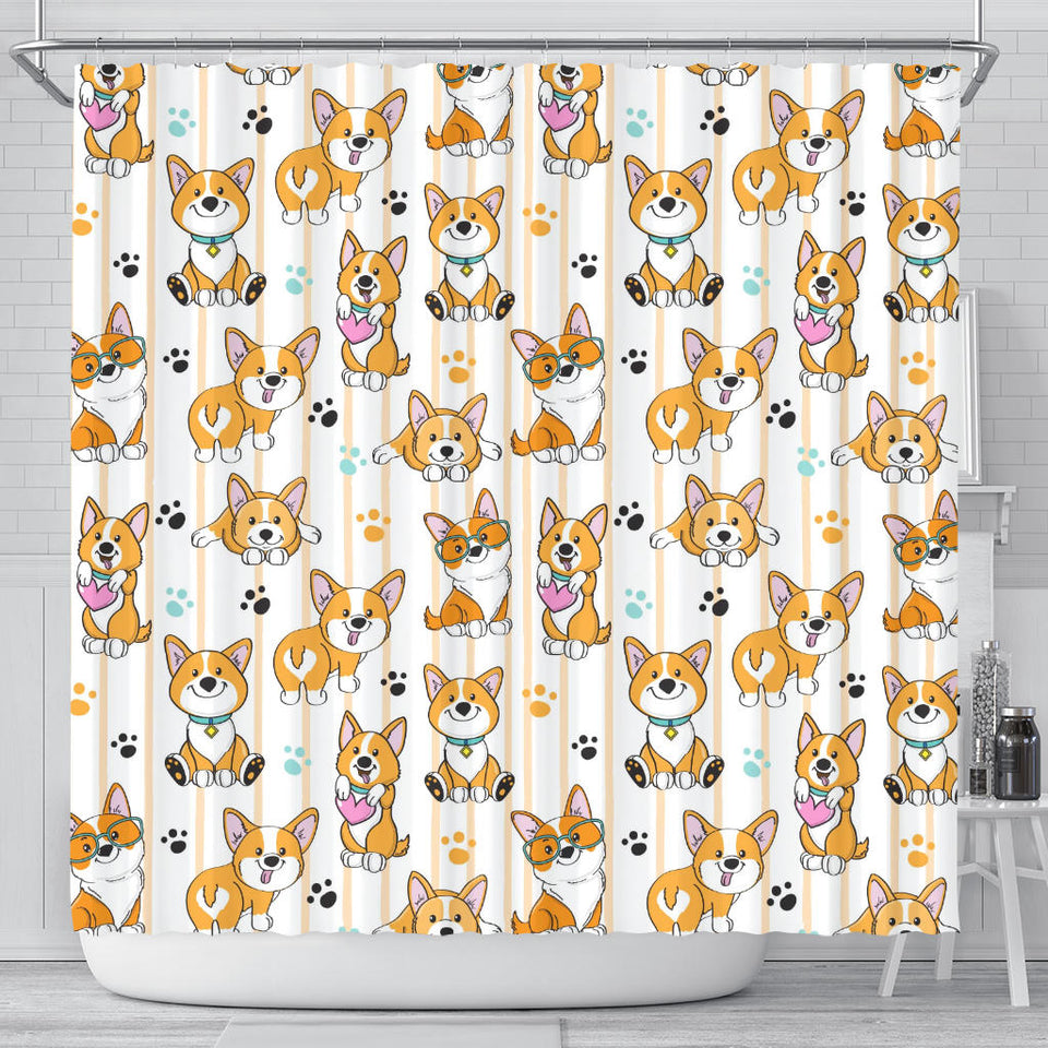 Cute Dog Corgi Striped Background Pattern Shower Curtain Fulfilled In US