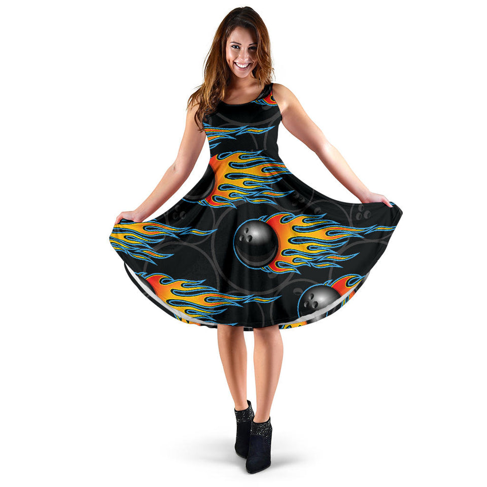 Bowling Balls Flame Pattern Sleeveless Midi Dress