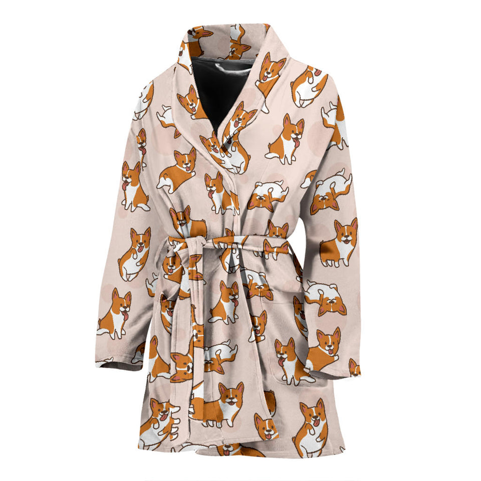 Cute Corgis Pattern Pink Background Women'S Bathrobe