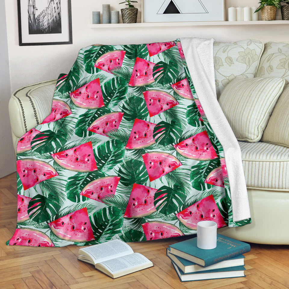 Watermelons Tropical Palm Leaves Pattern Premium Blanket