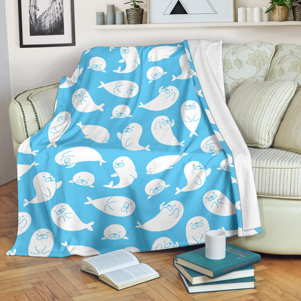 Cute White Sea Lion Seals Pattern Premium Blanket