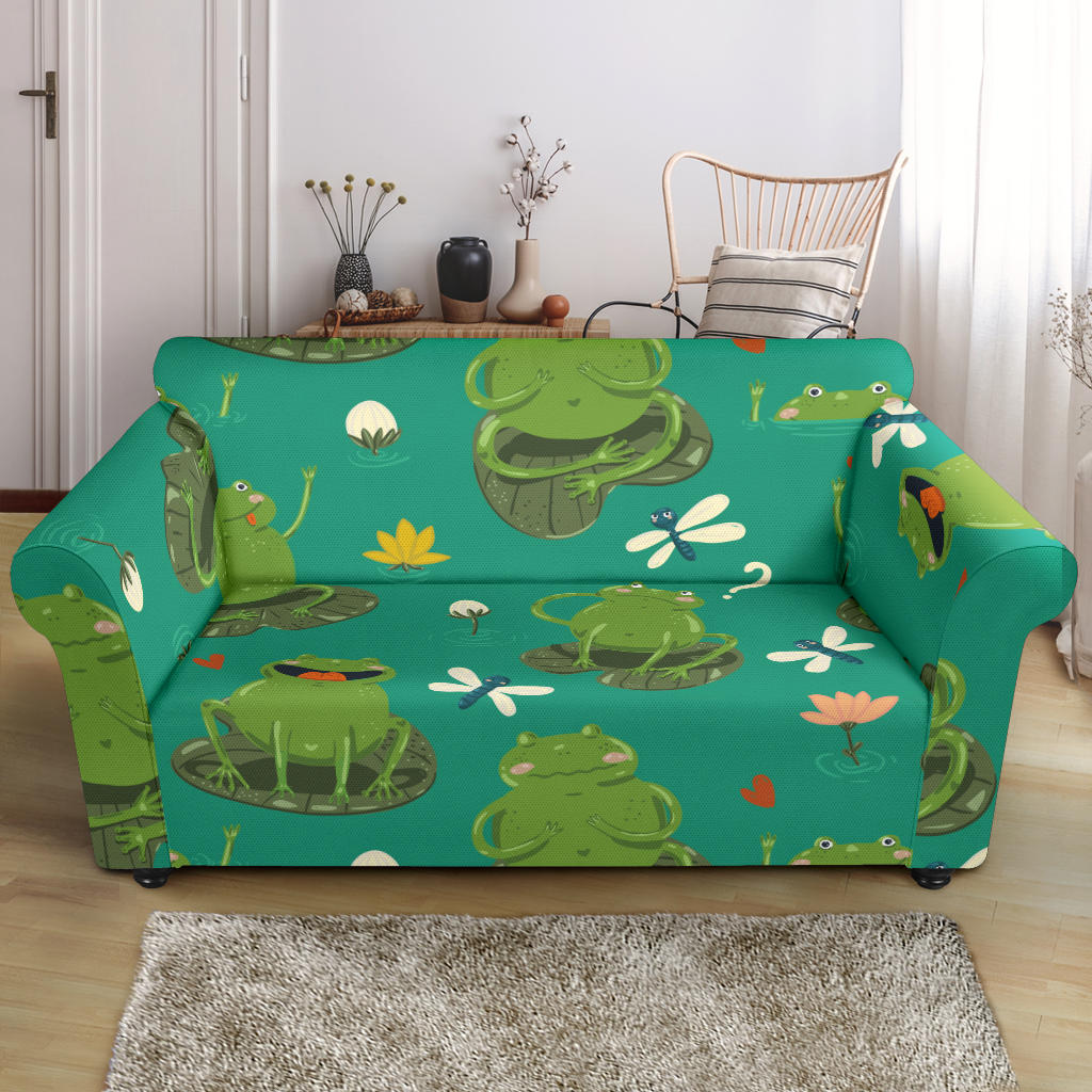 Cute Frog Dragonfly Design Pattern Loveseat Couch Slipcover