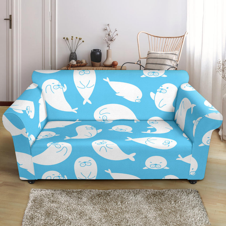 Cute White Sea Lion Seals Pattern Loveseat Couch Slipcover