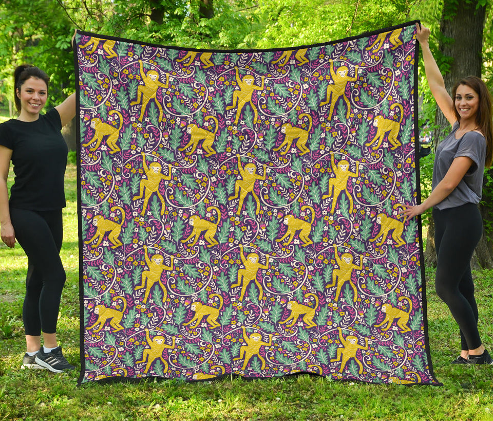 Cute Yellow Monkey Leaves Pattern Premium Quilt