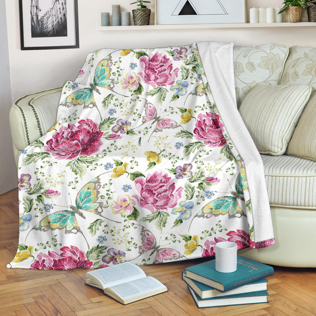 Hand Drawn Butterfly Rose Premium Blanket