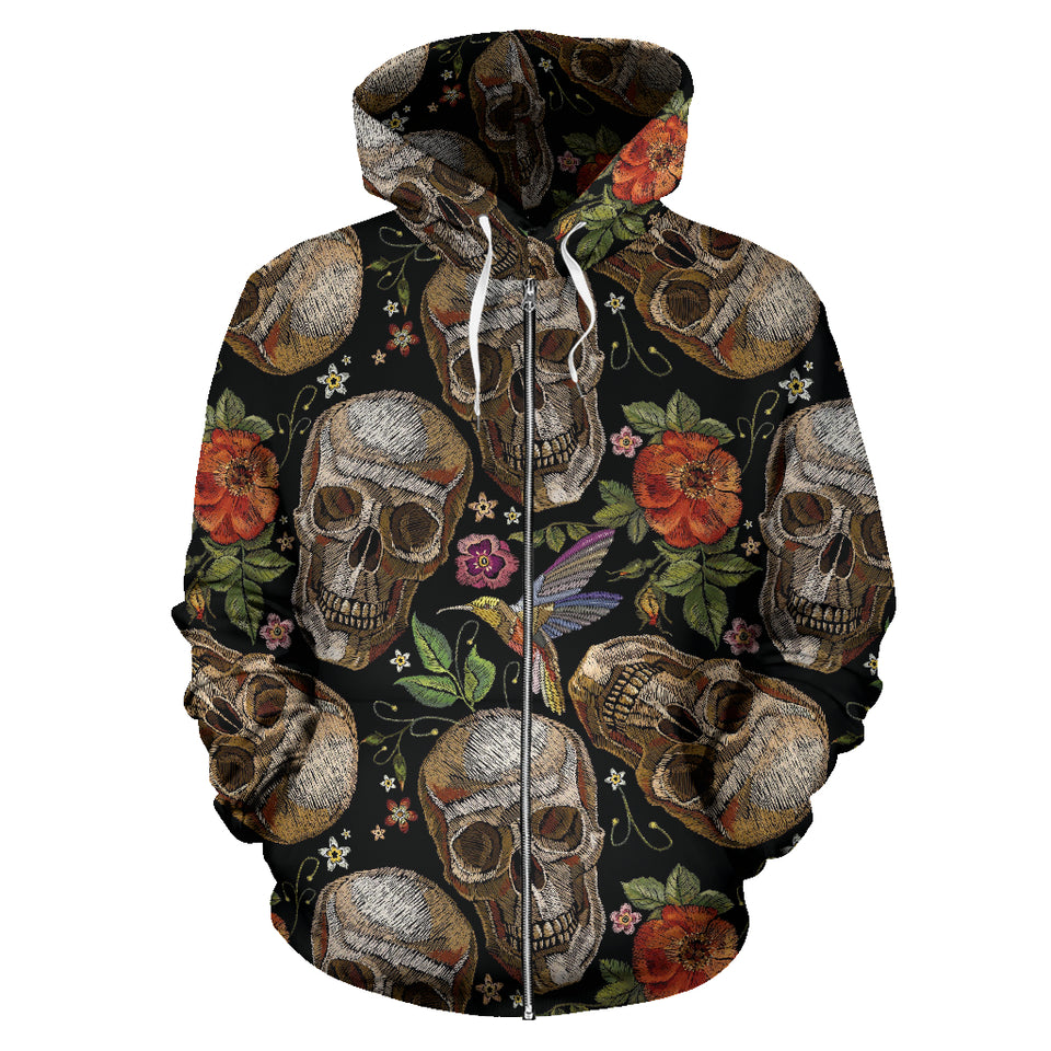Skull Rose Humming Bird Flower Pattern Zip Up Hoodie