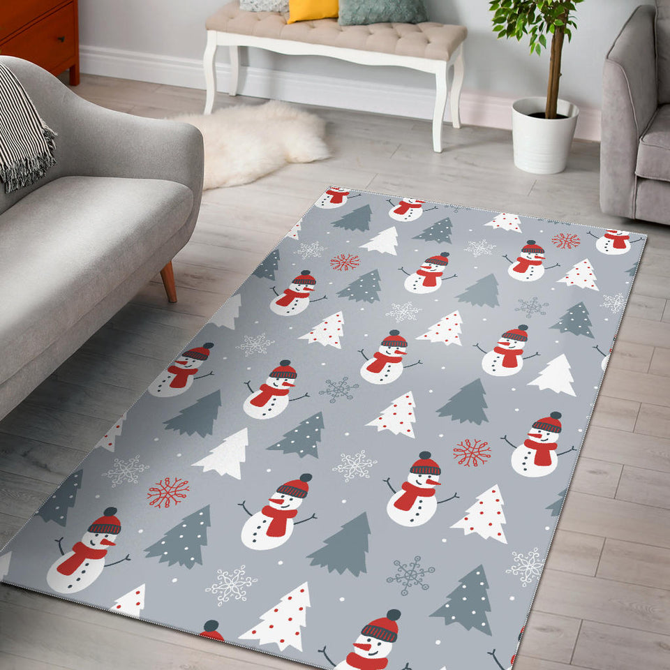 Snowman Christmas  Tree Snow Gray Background Area Rug