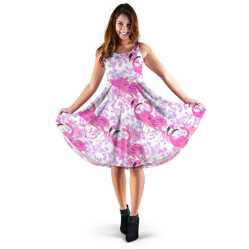 Pink Flamingo Flower Pattern Sleeveless Midi Dress