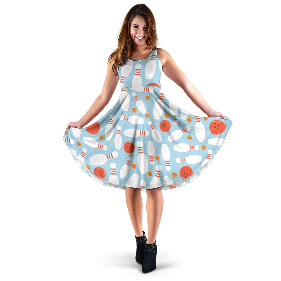 Bowling Ball Bowling Pins Blue Blackground Sleeveless Midi Dress