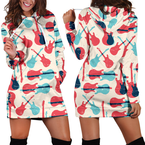 Red Blue Guitar Pattern Women'S Hoodie Dress