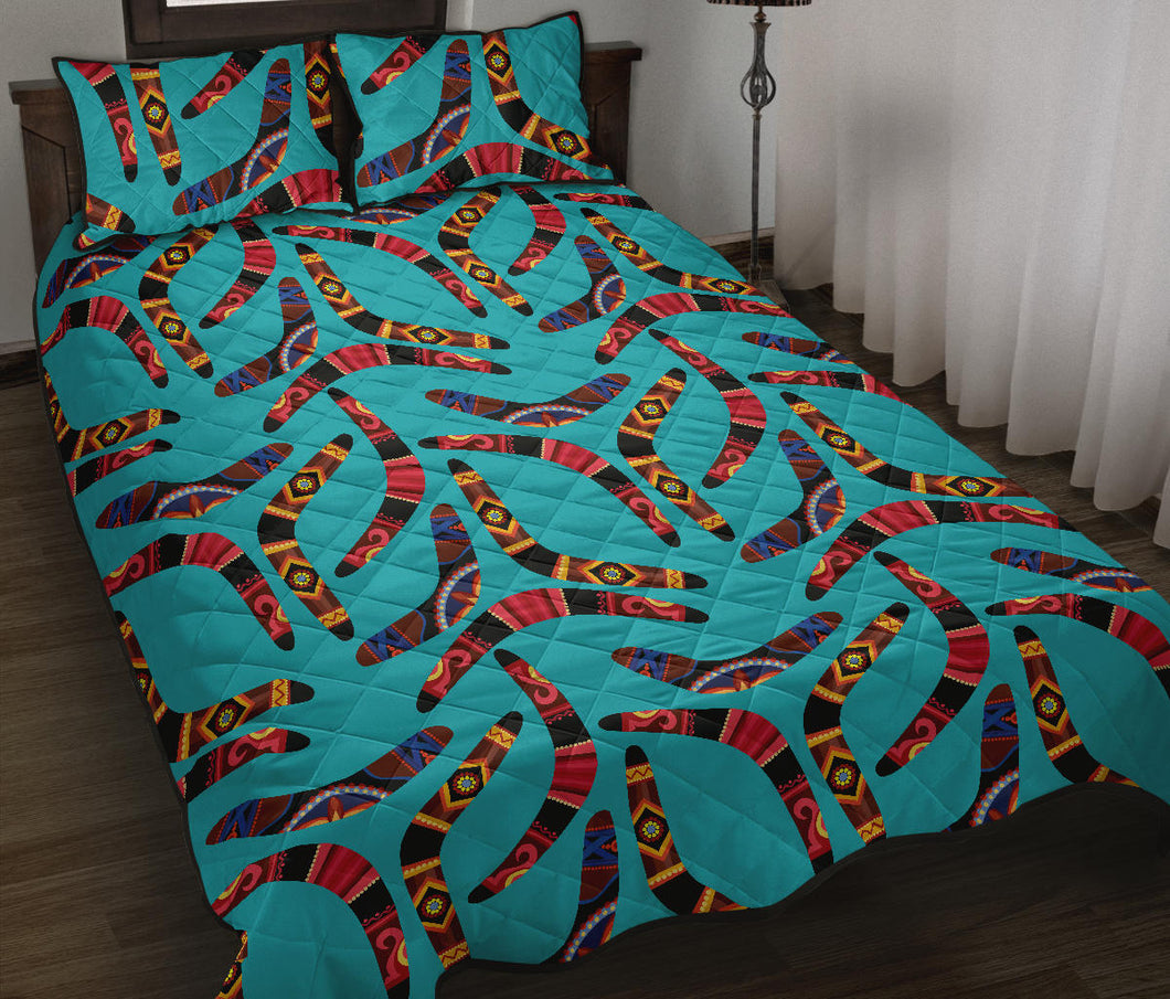 Boomerang Australian aboriginal ornament blue background Quilt Bed Set