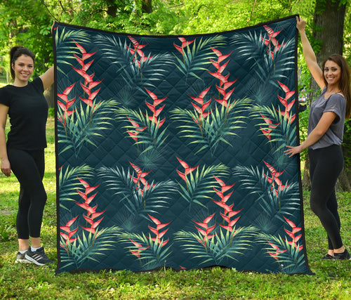 Heliconia Flowers, Palm And Monstera Leaves On Black Background Pattern Premium Quilt