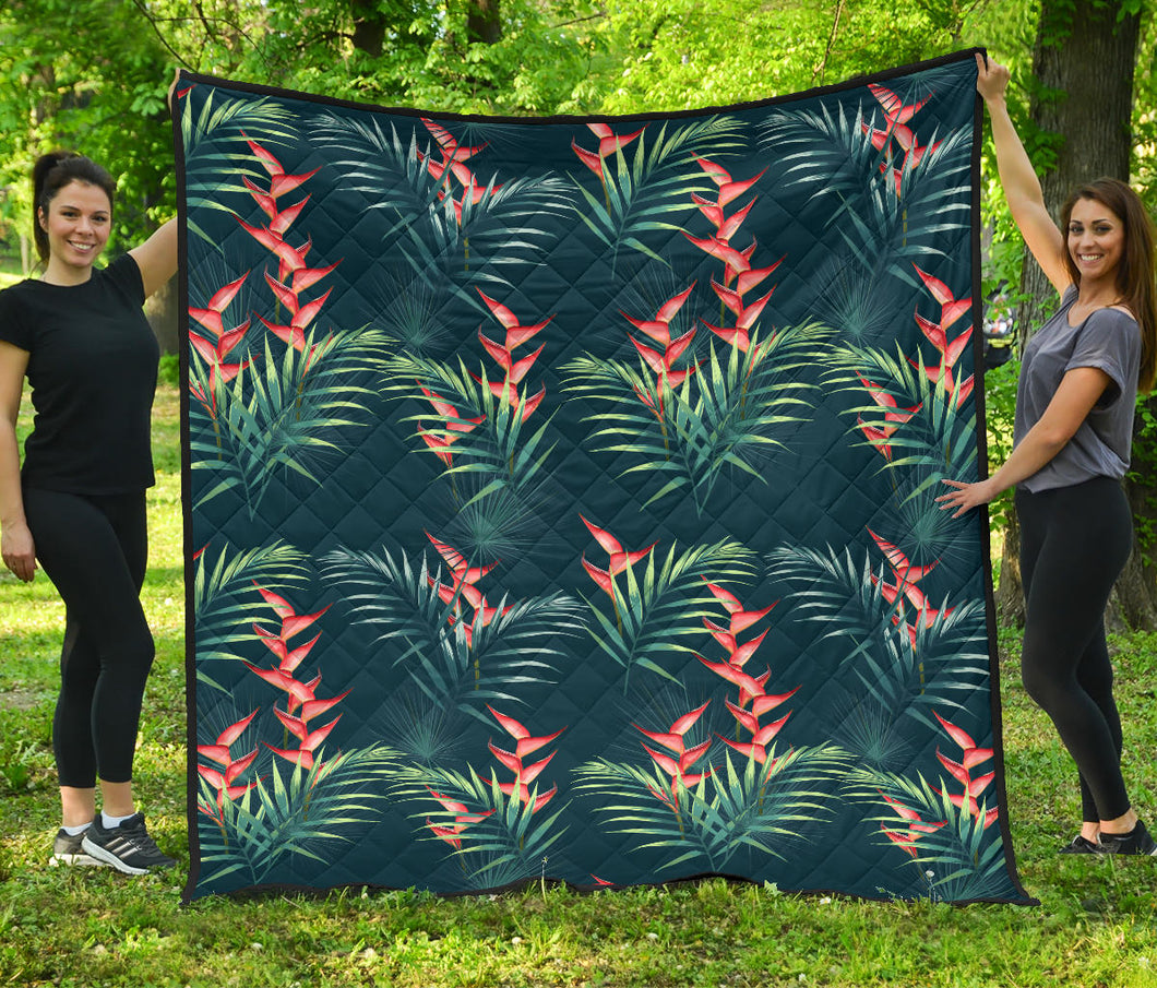 Heliconia Flowers, Palm And Monstera Leaves On Black Background Pattern Premium Quilt