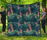Heliconia Flowers, Palm And Monstera Leaves On Black Background Pattern Premium Quilt
