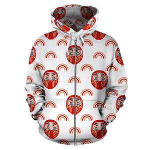 Daruma Japanese Wooden Doll Design Pattern Zip Up Hoodie