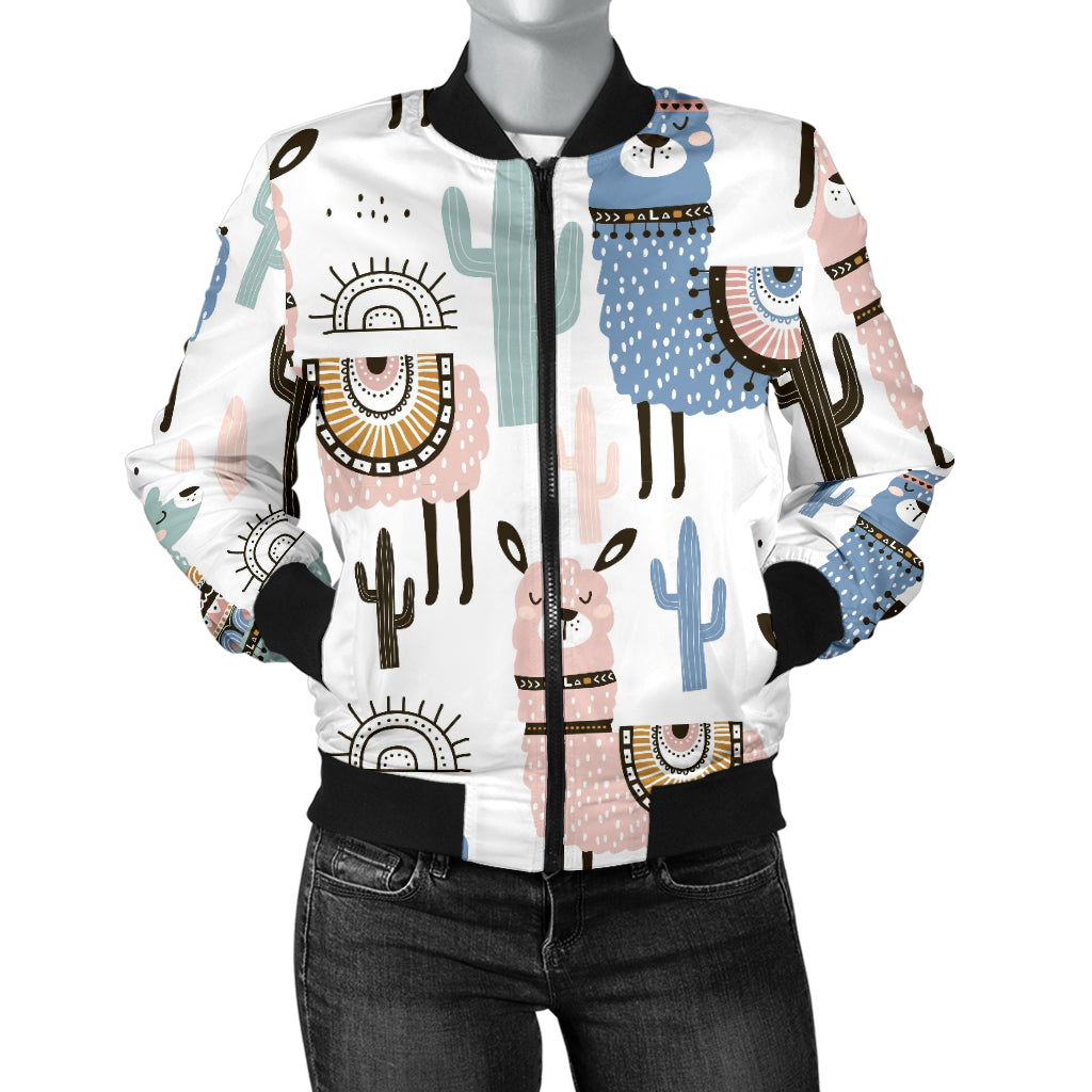 Lama Alpaca Cactus Hand Drawn Pattern Women'S Bomber Jacket