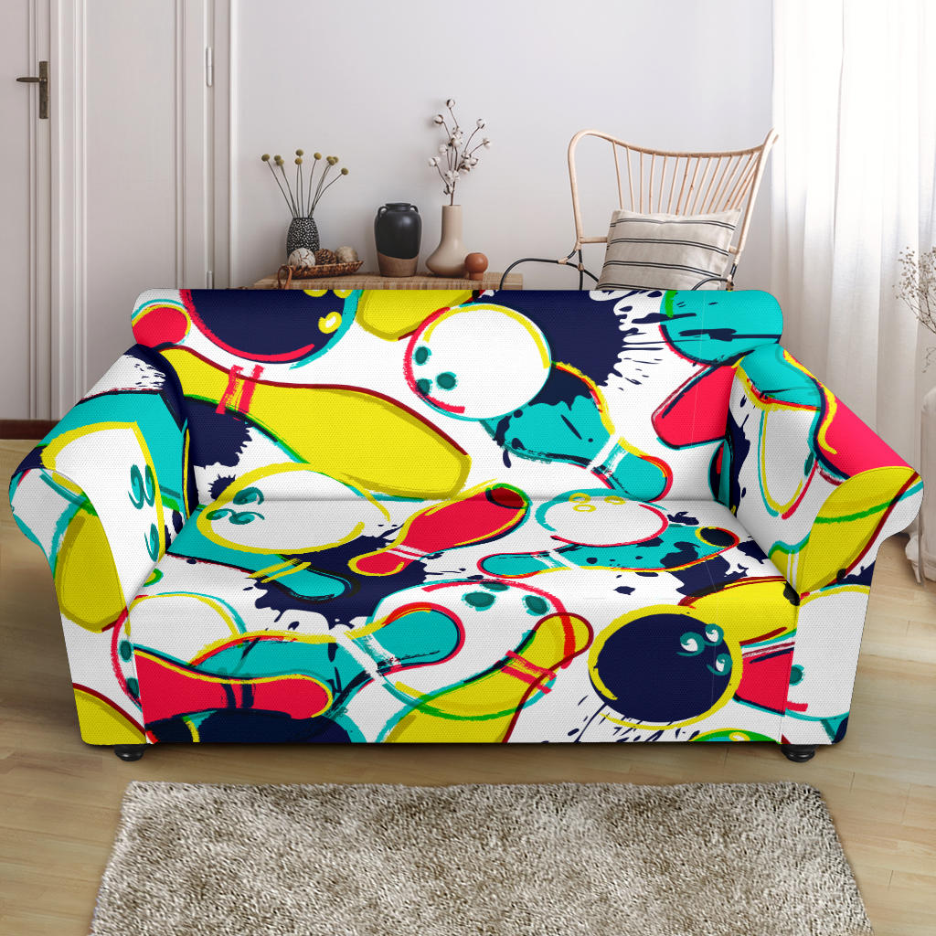 Watercolor Bowling Ball Pins Loveseat Couch Slipcover