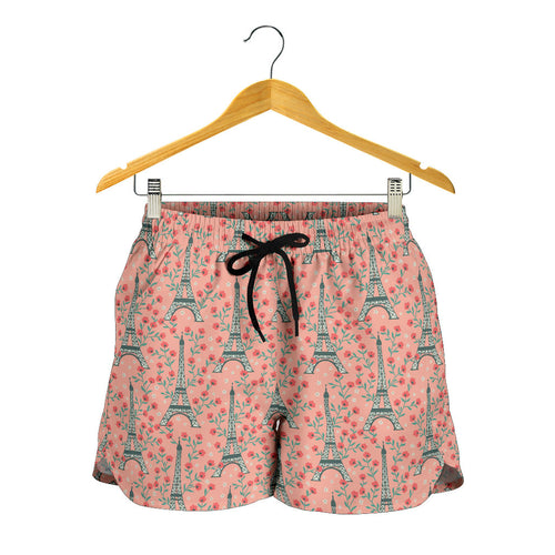 Eiffel Tower Flower Background Pattern Print Design 03 Women Shorts
