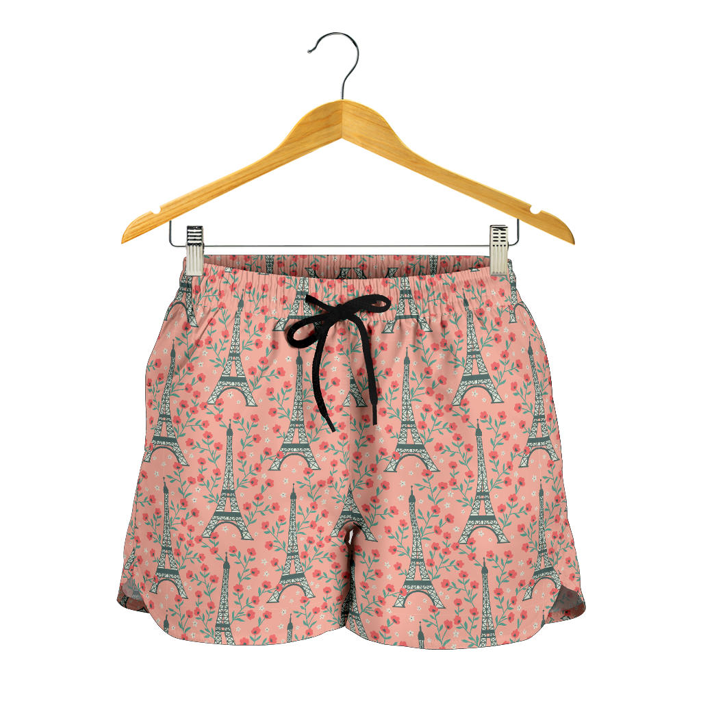 Eiffel Tower Flower Background Pattern Print Design 03 Women Shorts