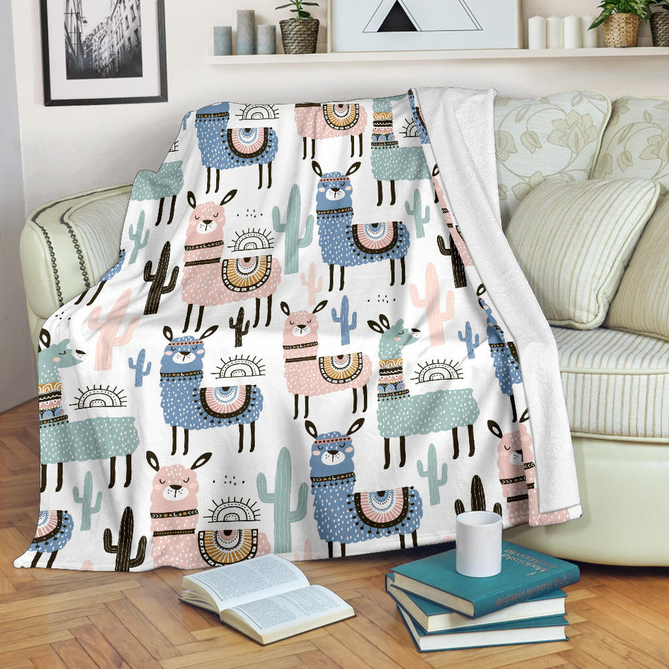 Lama Alpaca Cactus Hand Drawn Pattern Premium Blanket