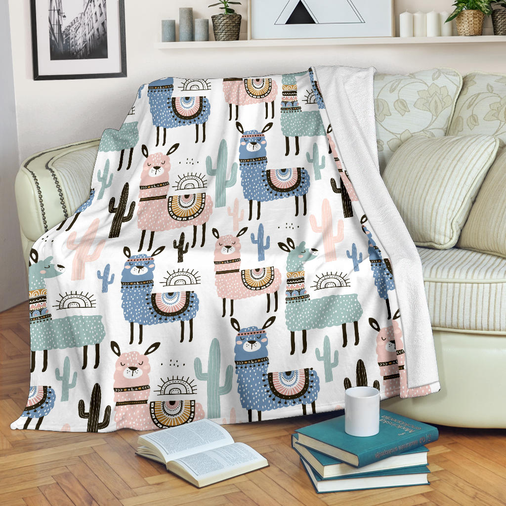 Lama Alpaca Cactus Hand Drawn Pattern Premium Blanket
