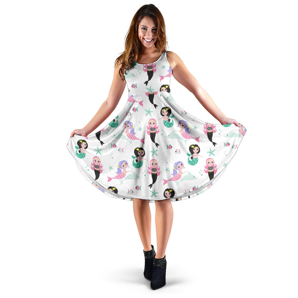 Cute Mermaid Dolphin Fish Starfish Pattern Sleeveless Midi Dress