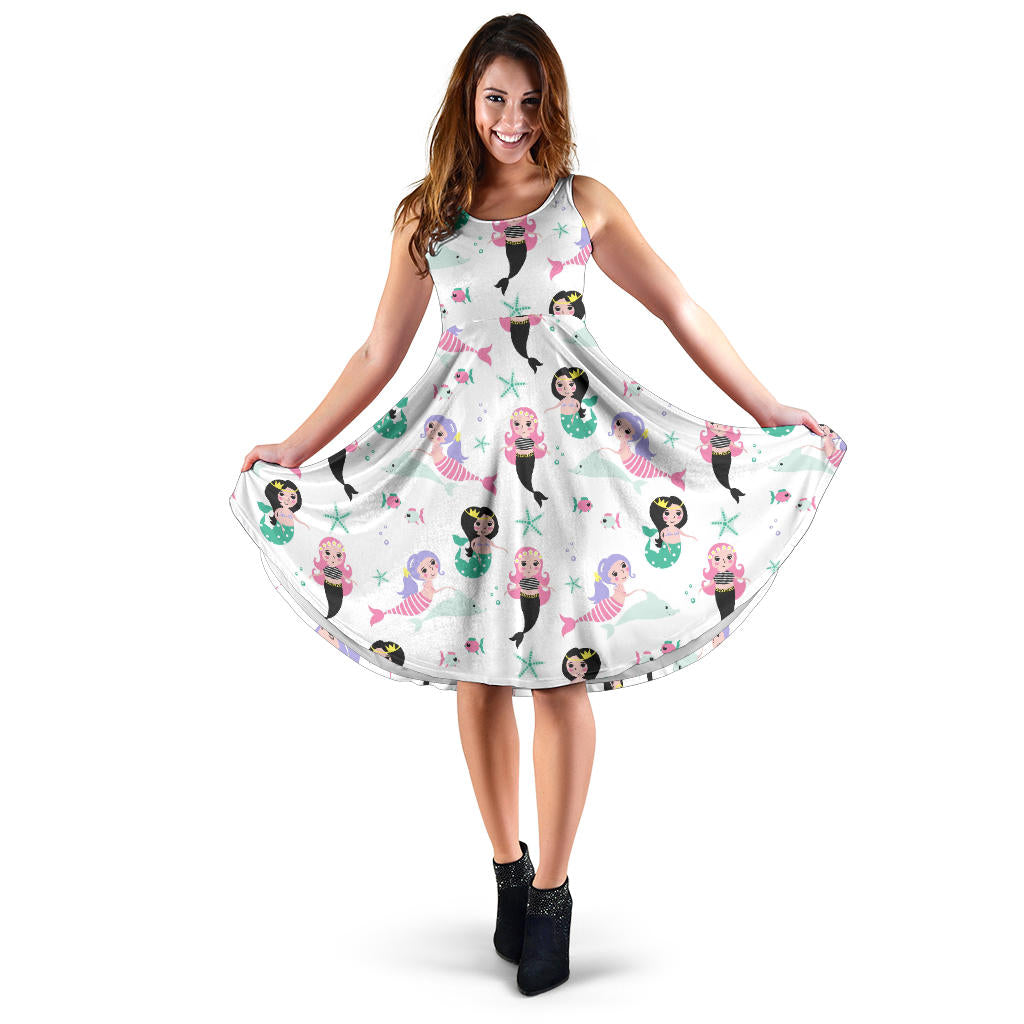 Cute Mermaid Dolphin Fish Starfish Pattern Sleeveless Midi Dress