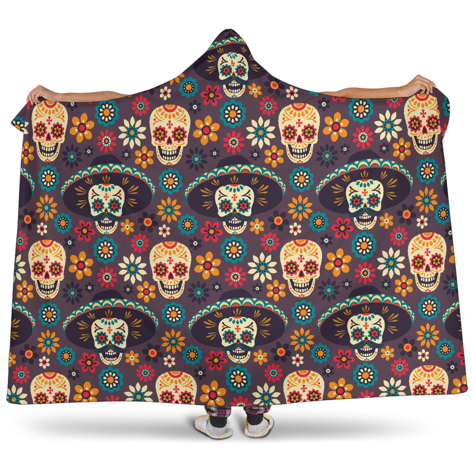 Sugar Skulls Flower Maxican Pattern Hooded Blanket