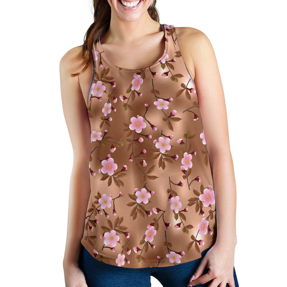 Pink sakura cherry blossom drak brown background Women Racerback Tank Top
