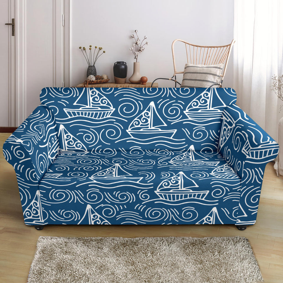 Hand Drawn Sailboat Pattern Loveseat Couch Slipcover