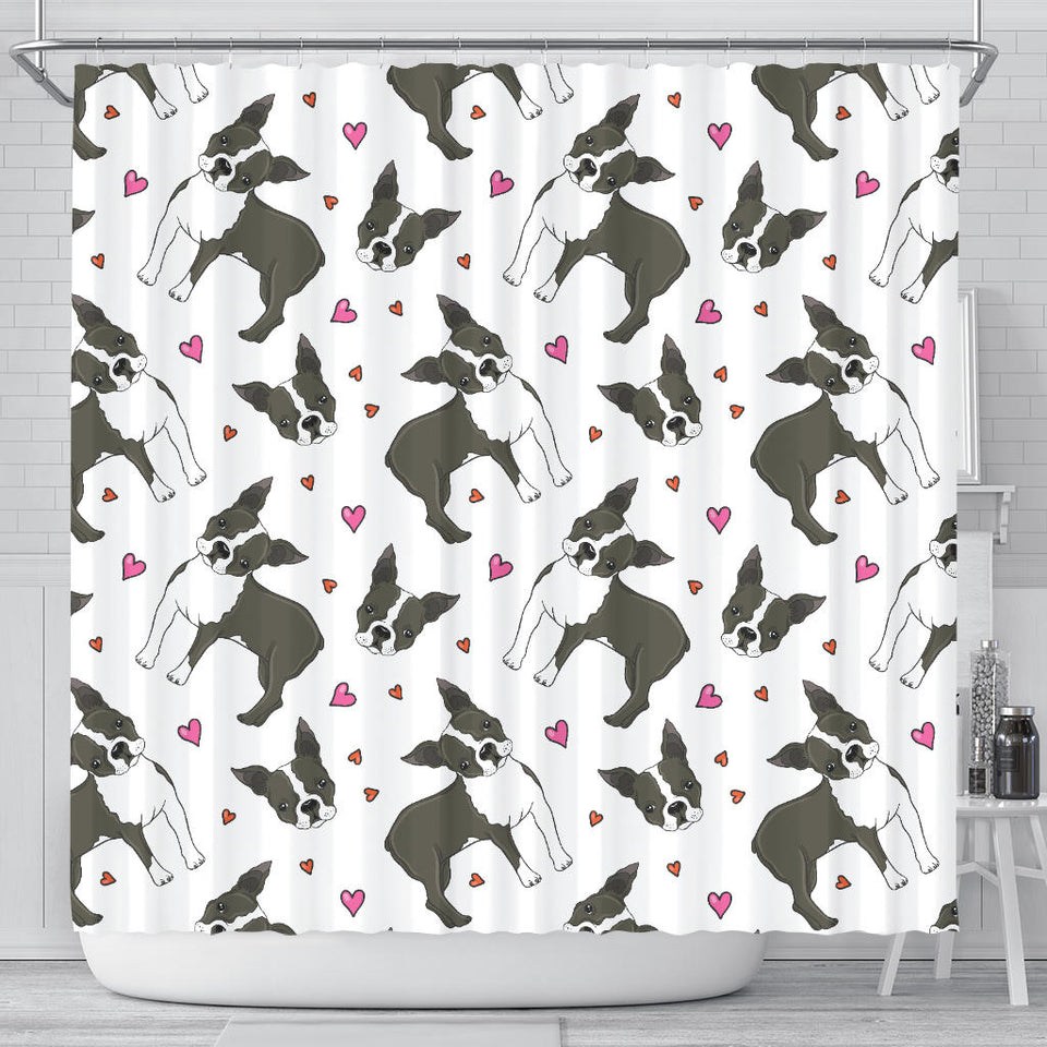 Boston Terrier Dog Hearts Vector Pattern Shower Curtain Fulfilled In US