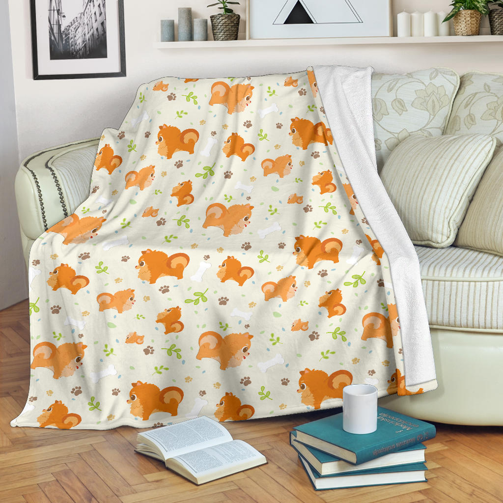 Cute Brown Pomeranian Paw Leave Bone Pattern Premium Blanket